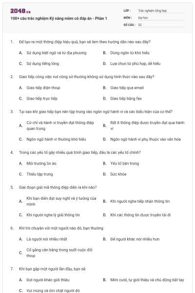 100+ câu trắc nghiệm Kỹ năng mềm có đáp án - Phần 1
