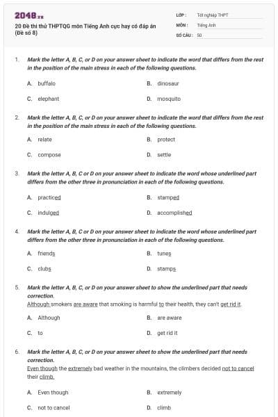 20 Đề thi thử THPTQG môn Tiếng Anh cực hay có đáp án (Đề số 8)