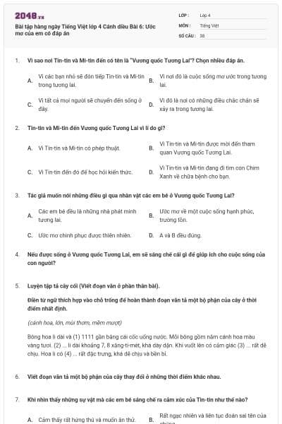 Bài tập hàng ngày Tiếng Việt lớp 4 Cánh diều Bài 6: Ước mơ của em có đáp án