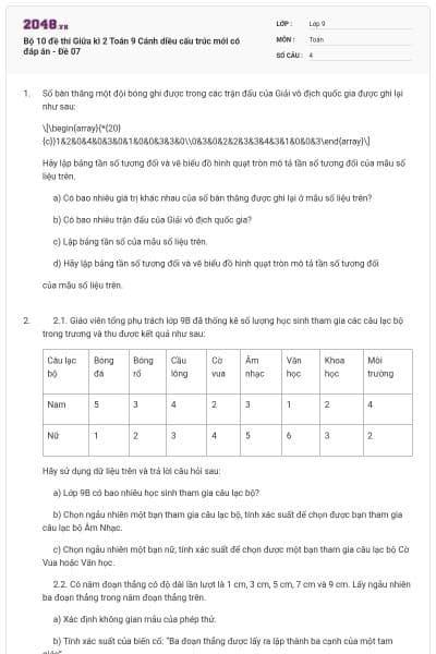 Bộ 10 đề thi Giữa kì 2 Toán 9 Cánh diều cấu trúc mới có đáp án - Đề 07