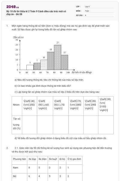 Bộ 10 đề thi Giữa kì 2 Toán 9 Cánh diều cấu trúc mới có đáp án - Đề 08