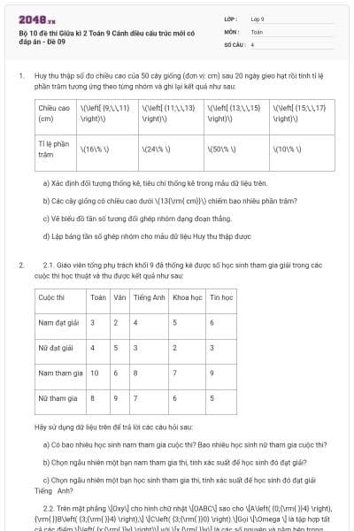Bộ 10 đề thi Giữa kì 2 Toán 9 Cánh diều cấu trúc mới có đáp án - Đề 09