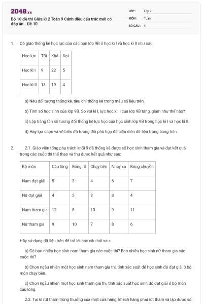 Bộ 10 đề thi Giữa kì 2 Toán 9 Cánh diều cấu trúc mới có đáp án - Đề 10