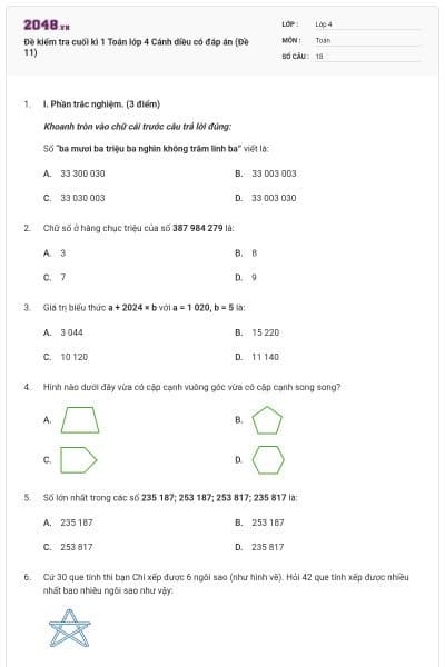 Đề kiểm tra cuối kì 1 Toán lớp 4 Cánh diều có đáp án (Đề 11)