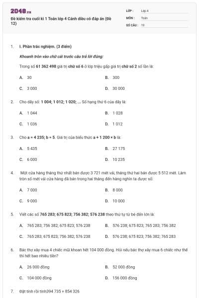 Đề kiểm tra cuối kì 1 Toán lớp 4 Cánh diều có đáp án (Đề 12)