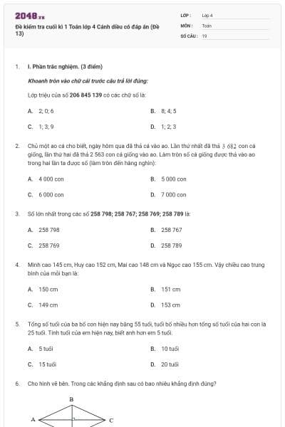 Đề kiểm tra cuối kì 1 Toán lớp 4 Cánh diều có đáp án (Đề 13)