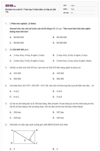 Đề kiểm tra cuối kì 1 Toán lớp 4 Cánh diều có đáp án (Đề 15)