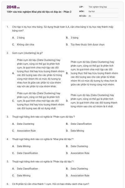 100+ câu trắc nghiệm Khai phá dữ liệu có đáp án - Phần 2
