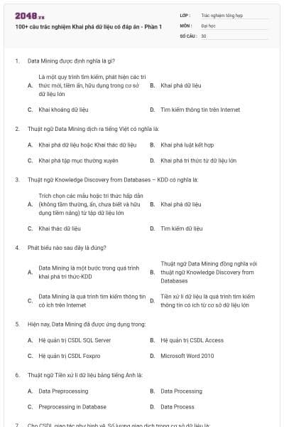 100+ câu trắc nghiệm Khai phá dữ liệu có đáp án - Phần 1