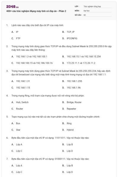 400+ câu trắc nghiệm Mạng máy tính có đáp án - Phần 2