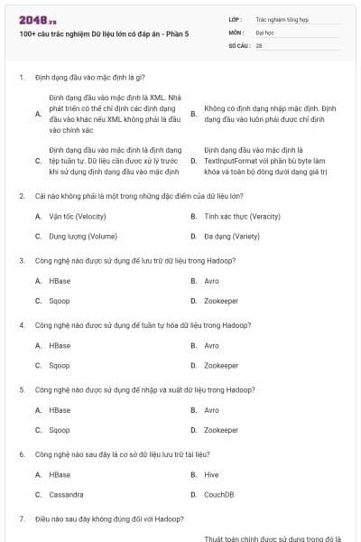 100+ câu trắc nghiệm Dữ liệu lớn có đáp án - Phần 5