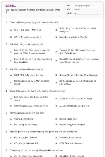 500+ câu trắc nghiệm Kiến trúc máy tính có đáp án - Phần 3