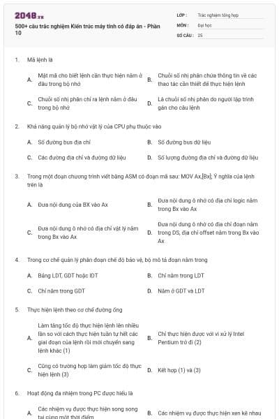 500+ câu trắc nghiệm Kiến trúc máy tính có đáp án - Phần 10