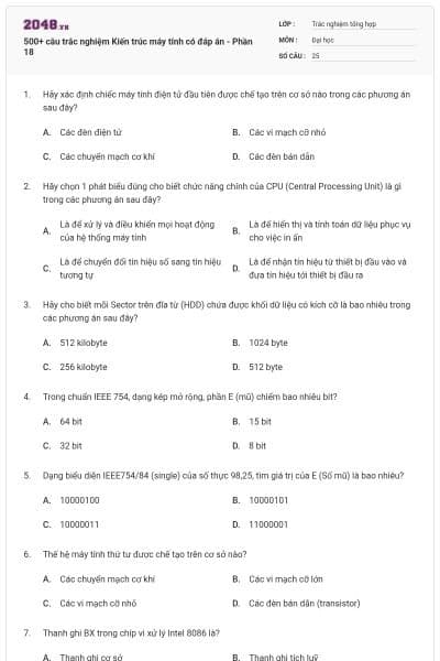 500+ câu trắc nghiệm Kiến trúc máy tính có đáp án - Phần 18
