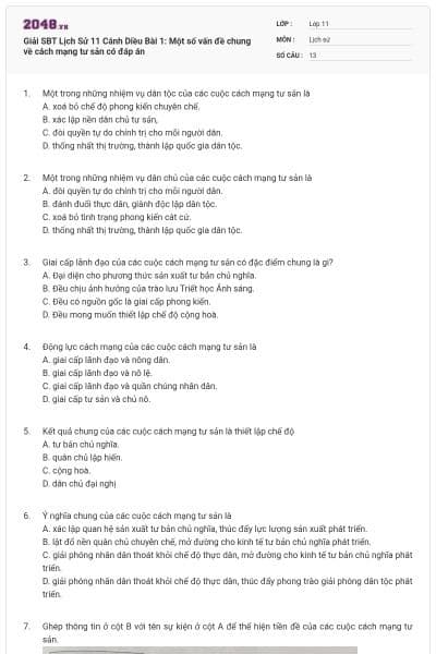 Giải SBT Lịch Sử 11 Cánh Diều Bài 1: Một số vấn đề chung về cách mạng tư sản có đáp án