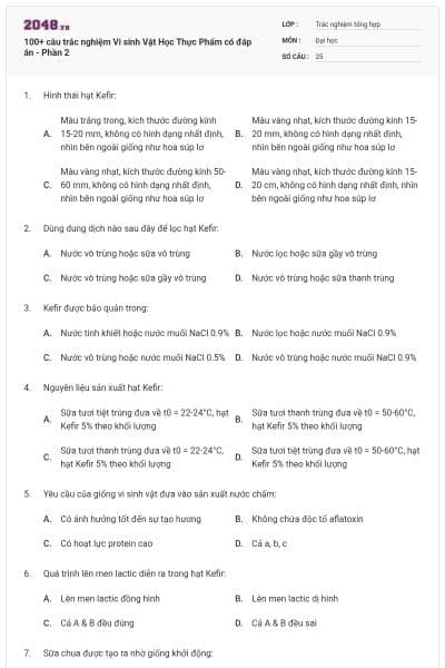 100+ câu trắc nghiệm Vi sinh Vật Học Thực Phẩm có đáp án - Phần 2