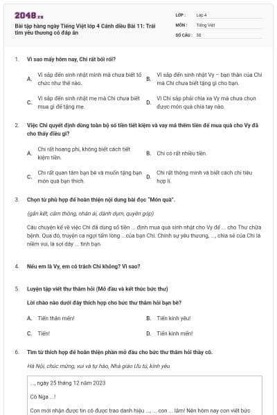 Bài tập hàng ngày Tiếng Việt lớp 4 Cánh diều Bài 11: Trái tim yêu thương có đáp án