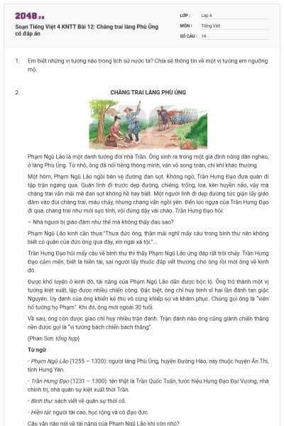 Soạn Tiếng Việt 4 KNTT Bài 12: Chàng trai làng Phù Ủng có đáp án