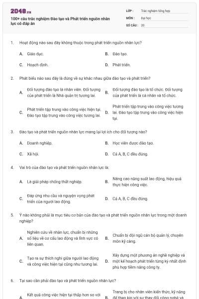 100+ câu trắc nghiệm Đào tạo và Phát triển nguồn nhân lực có đáp án