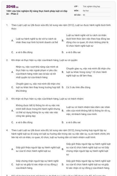 100+ câu trắc nghiệm Kỹ năng thực hành pháp luật có đáp án - Phần 2