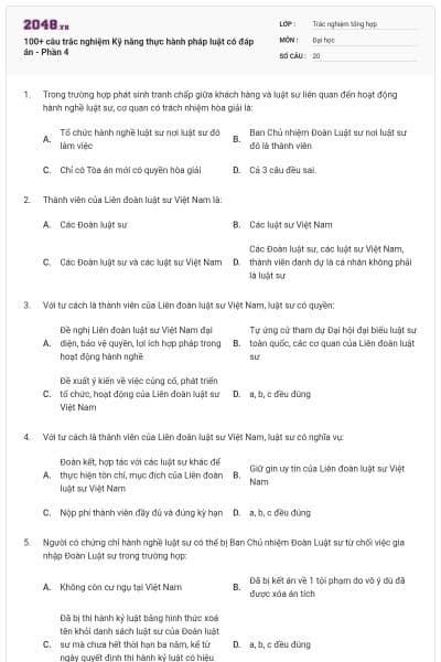 100+ câu trắc nghiệm Kỹ năng thực hành pháp luật có đáp án - Phần 4