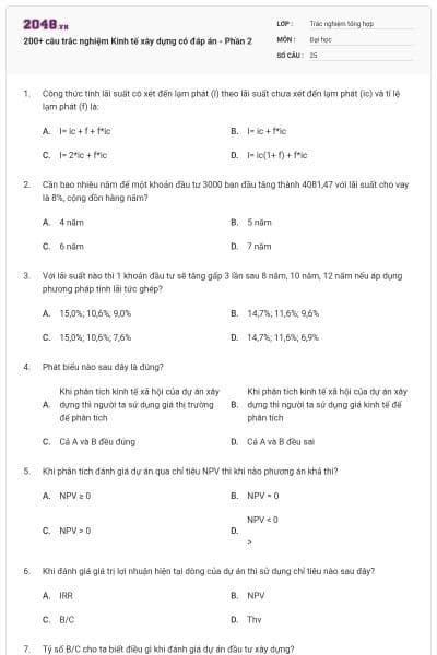 200+ câu trắc nghiệm Kinh tế xây dựng có đáp án - Phần 2