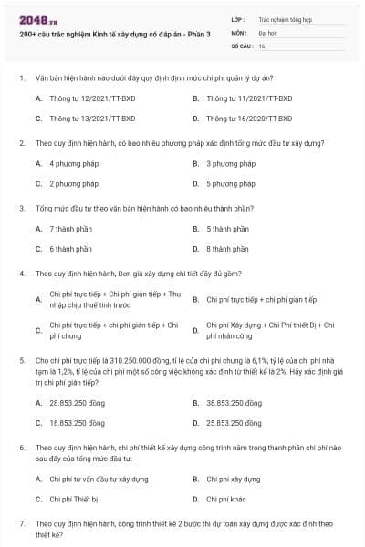 200+ câu trắc nghiệm Kinh tế xây dựng có đáp án - Phần 3
