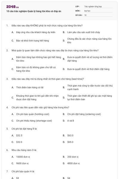 10 câu trắc nghiệm Quản lý hàng tồn kho có đáp án