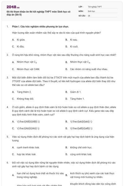 Đề thi tham khảo ôn thi tốt nghiệp THPT môn Sinh học có đáp án (Đề 8)
