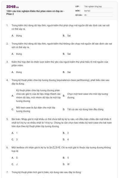 100+ câu trắc nghiệm Kiểm thử phần mềm có đáp án - Phần 2