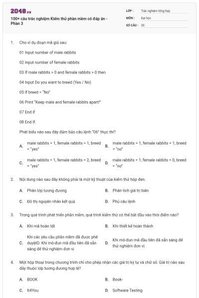 100+ câu trắc nghiệm Kiểm thử phần mềm có đáp án - Phần 3