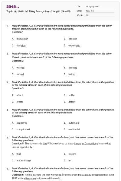 Tuyển tập đề thi thử Tiếng Anh cực hay có lời giải (Đề số 5)