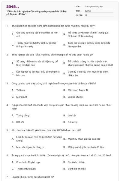 100+ câu trắc nghiệm Các công cụ trực quan hóa dữ liệu có đáp án - Phần 1