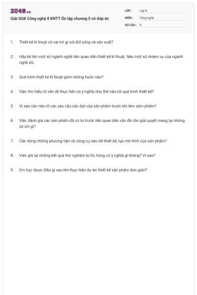 Giải SGK Công nghệ 8 KNTT Ôn tập chương 5 có đáp án