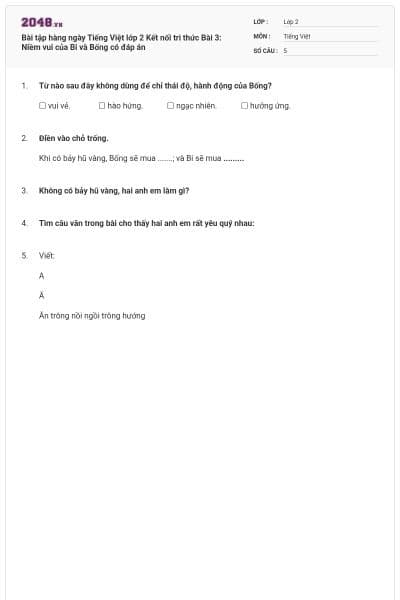 Bài tập hàng ngày Tiếng Việt lớp 2 Kết nối tri thức Bài 3: Niềm vui của Bi và Bống có đáp án