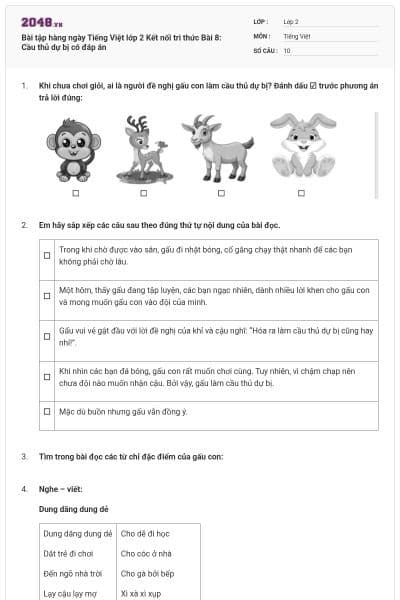 Bài tập hàng ngày Tiếng Việt lớp 2 Kết nối tri thức Bài 8: Cầu thủ dự bị có đáp án