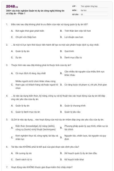 300+ câu trắc nghiệm Quản trị dự án công nghệ thông tin có đáp án - Phần 1