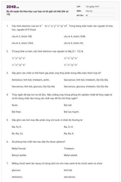 Bộ đề luyện thi Hóa Học cực hay có lời giải chi tiết (Đề số 10)