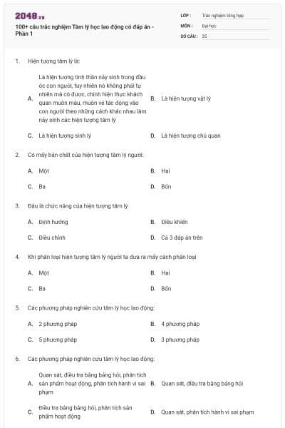 100+ câu trắc nghiệm Tâm lý học lao động có đáp án - Phần 1