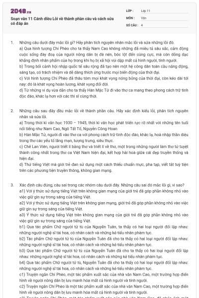 Soạn văn 11 Cánh diều Lỗi về thành phần câu và cách sửa có đáp án