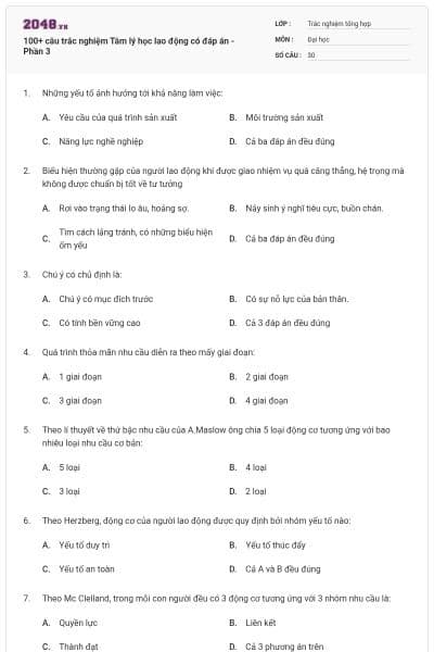 100+ câu trắc nghiệm Tâm lý học lao động có đáp án - Phần 3
