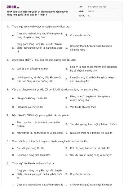100+ câu trắc nghiệm Quản trị giao nhận và vận chuyển hàng hóa quốc tế có đáp án - Phần 1