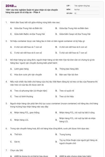 100+ câu trắc nghiệm Quản trị giao nhận và vận chuyển hàng hóa quốc tế có đáp án - Phần 4
