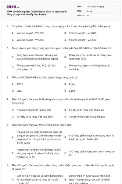 100+ câu trắc nghiệm Quản trị giao nhận và vận chuyển hàng hóa quốc tế có đáp án - Phần 6