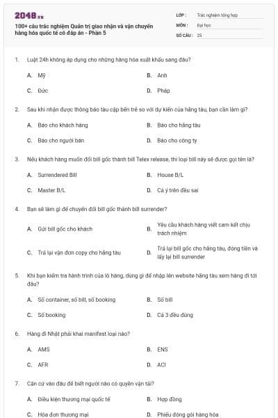 100+ câu trắc nghiệm Quản trị giao nhận và vận chuyển hàng hóa quốc tế có đáp án - Phần 5