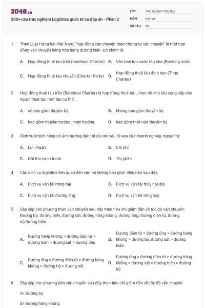 200+ câu trắc nghiệm Logistics quốc tế có đáp án - Phần 2
