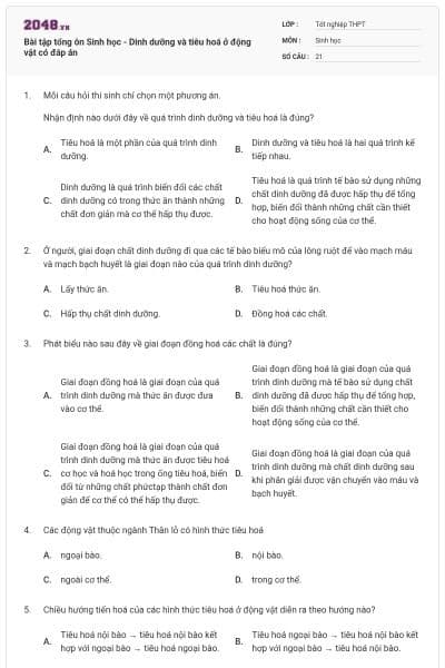 Bài tập tổng ôn Sinh học - Dinh dưỡng và tiêu hoá ở động vật có đáp án