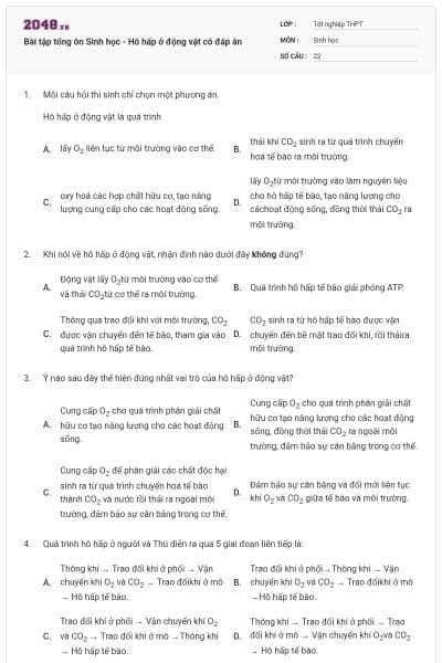 Bài tập tổng ôn Sinh học - Hô hấp ở động vật có đáp án