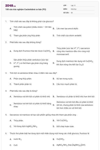 100 câu trắc nghiệm Cacbohidrat cơ bản (P3)