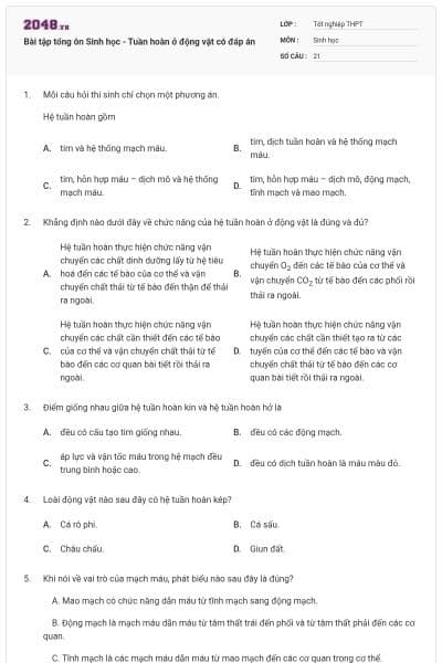 Bài tập tổng ôn Sinh học - Tuần hoàn ở động vật có đáp án